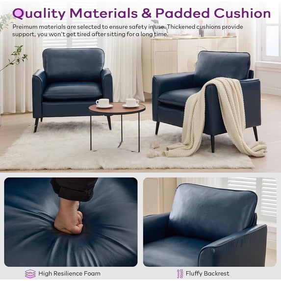 LAZZO Faux Leather Accent Chair, Comfy Armchair for Reading Living Room Bedroom and Office, Blue