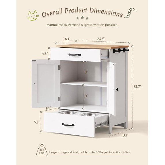LAZZO Pet Food Storage with 2 Elevated Stainless Bowls,Dog Organizer Cabinet With Adjustable Shelf , White