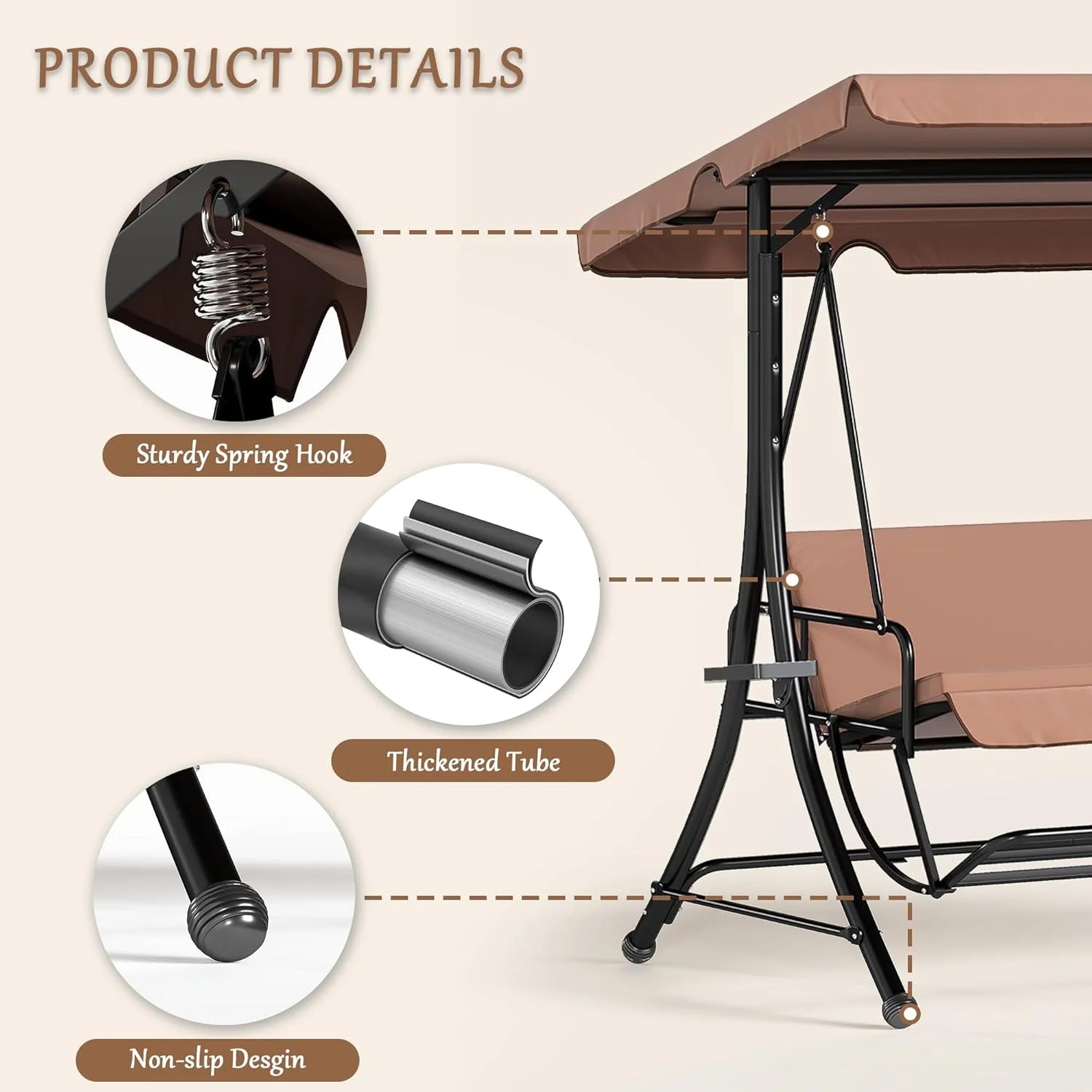 LAZZO 3-Seat Outdoor Porch Swing with Stand and Footrest, Reclining Lounge Bed Convertible, Adjustable Canopy & Removable Cushions, Brown