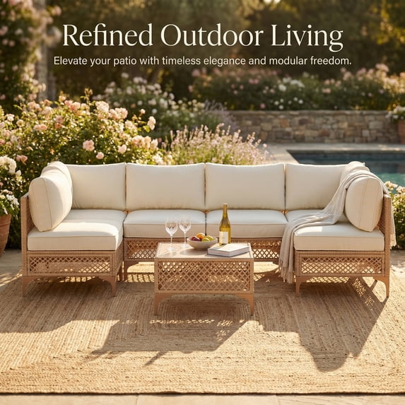 LAZZO 7-Piece Patio Furniture Set, Outdoor Wicker Conversation Set with Thick Cushions & Coffee Table for Backyard and Garden, Beige