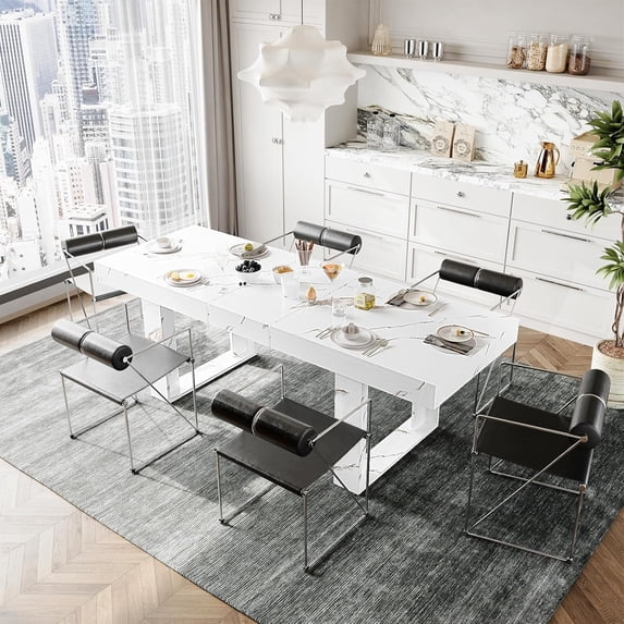 LAZZO Farmhouse Rustic Extendable Dining Table, 71"-87" Rectangular Wooden Kitchen Table for 6-10, White