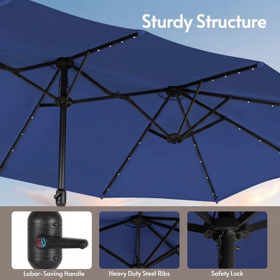 LAZZO 15ft Large Patio Umbrella with Base and Lights, Double-Sided Rectangular Outdoor Deck Umbrella, Blue