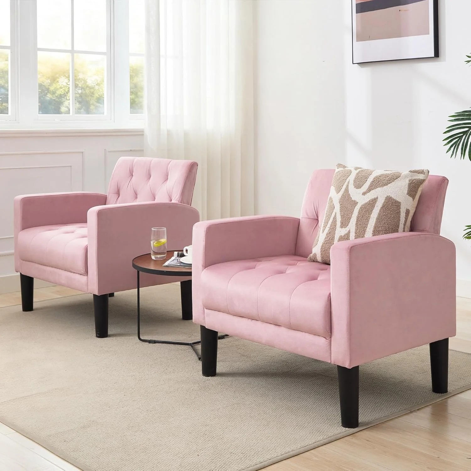 LAZZO Mid-Century Modern Accent Chair Set of 2, Upholstered Armchair for Living Room & Office, Pink