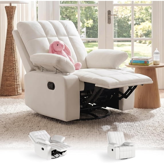LAZZO Recliner Chair with Adjustable Armrest, Upholstered Swivel Rocking Chair for Nursery & Living Room, White