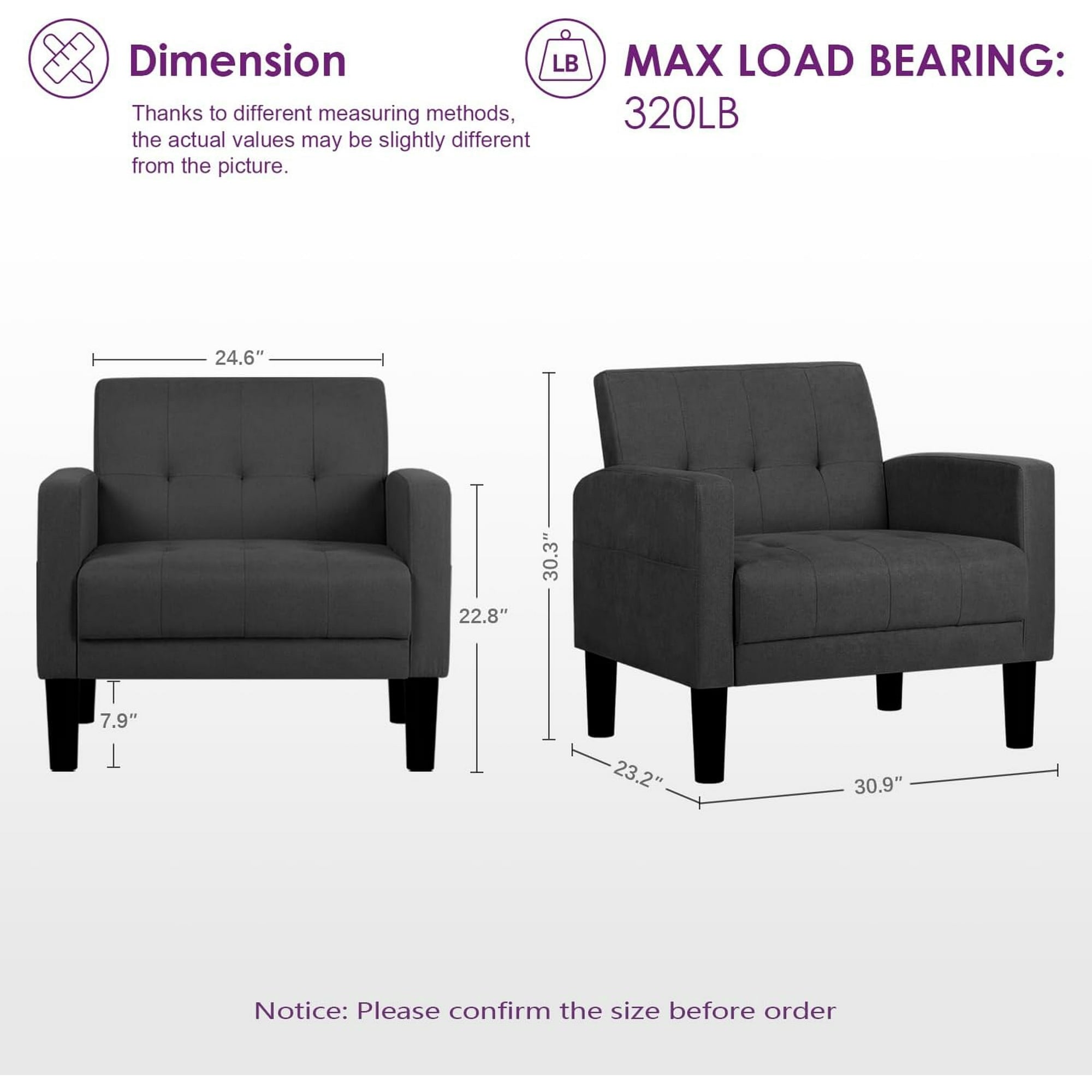 LAZZO Accent Chair, Comfy Single Fabric Sofa Armchair with Side Pockets for Living Room and Office, Dark Gray