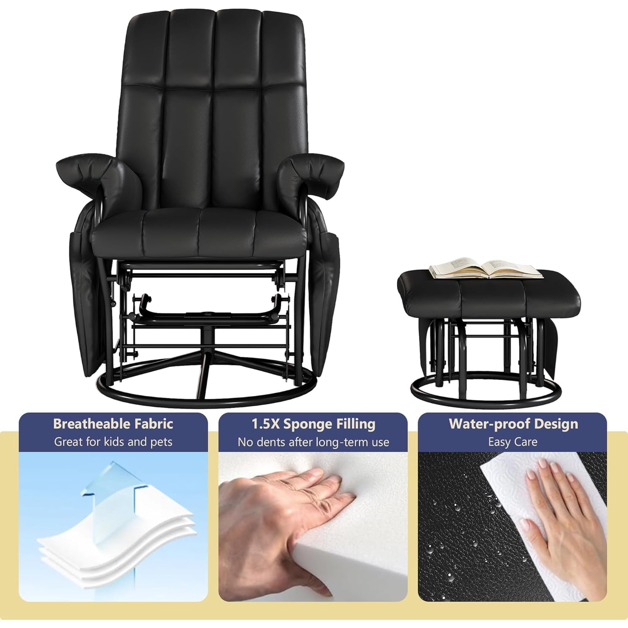 LAZZO Swivel Rocking Recliner Chair, Nursery Glider Chair with Ottoman and Side Pockets for Living Room and Bedroom, Black