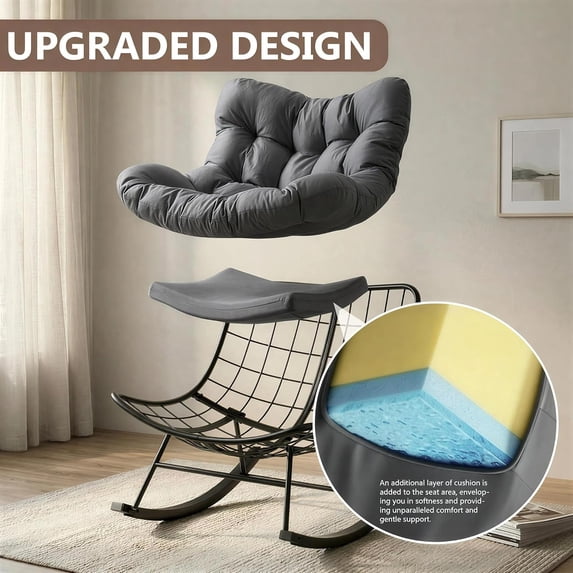 LAZZO Outdoor Rocking Chair with Ottoman, Patio Rocker with Soft Cushion for Garden & Balcony, Gray