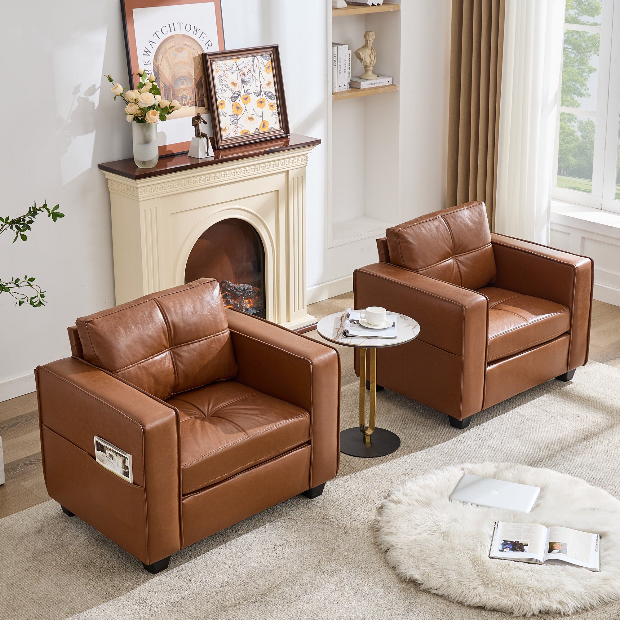 TYBOATLE Brown Faux Leather Accent Chairs Set of 2, Comfy Living Room Chair Reading Oversized Accent Chairs Tufted Mid Century Modern Arm Chair, Wider Armchair for Office Bedroom Lobby