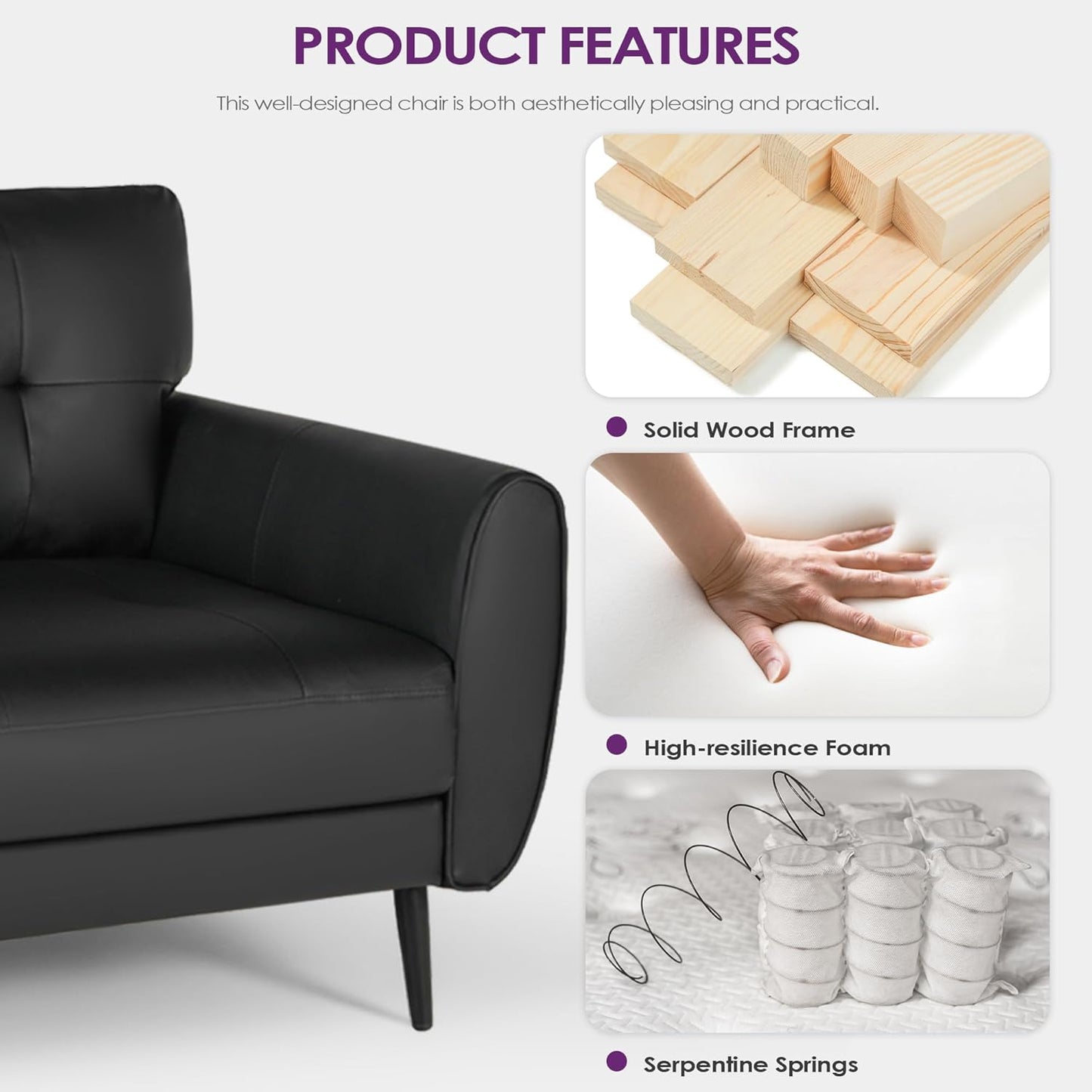TYBOATLE Sofa Couch 61" Small Loveseat Couches for Living Room Leather Couch Mid Century Modern Tufted Mini Sofa Comfy Office 2 Seat Settee Love Seat for Small Spaces Bedroom (2, Black)