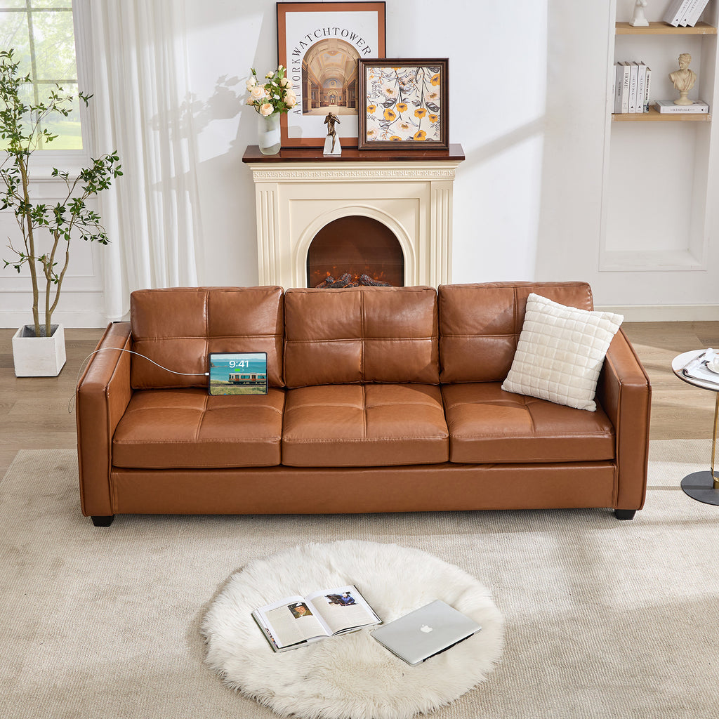 TYBOATLE 88" W Faux Leather Couch w/Side Pockets, Mid-Century Modern Tufted Comfy Leather Couches w/USB and Wider Arms, 3 Seater Sofa for Office, Apartment, Bedroom, Brown (Brown, 3 Seater)