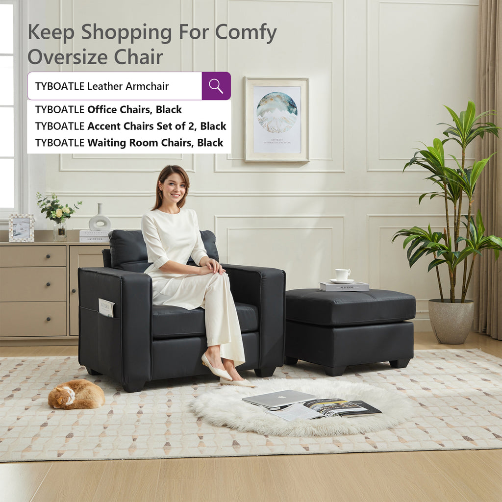 TYBOATLE Accent Chair, Comfy Black Faux Leather Living Room Chair Reading Oversized Accent Chairs Tufted Mid Century Modern Arm Chair, Wide Armchair for Office Bedroom Lobby