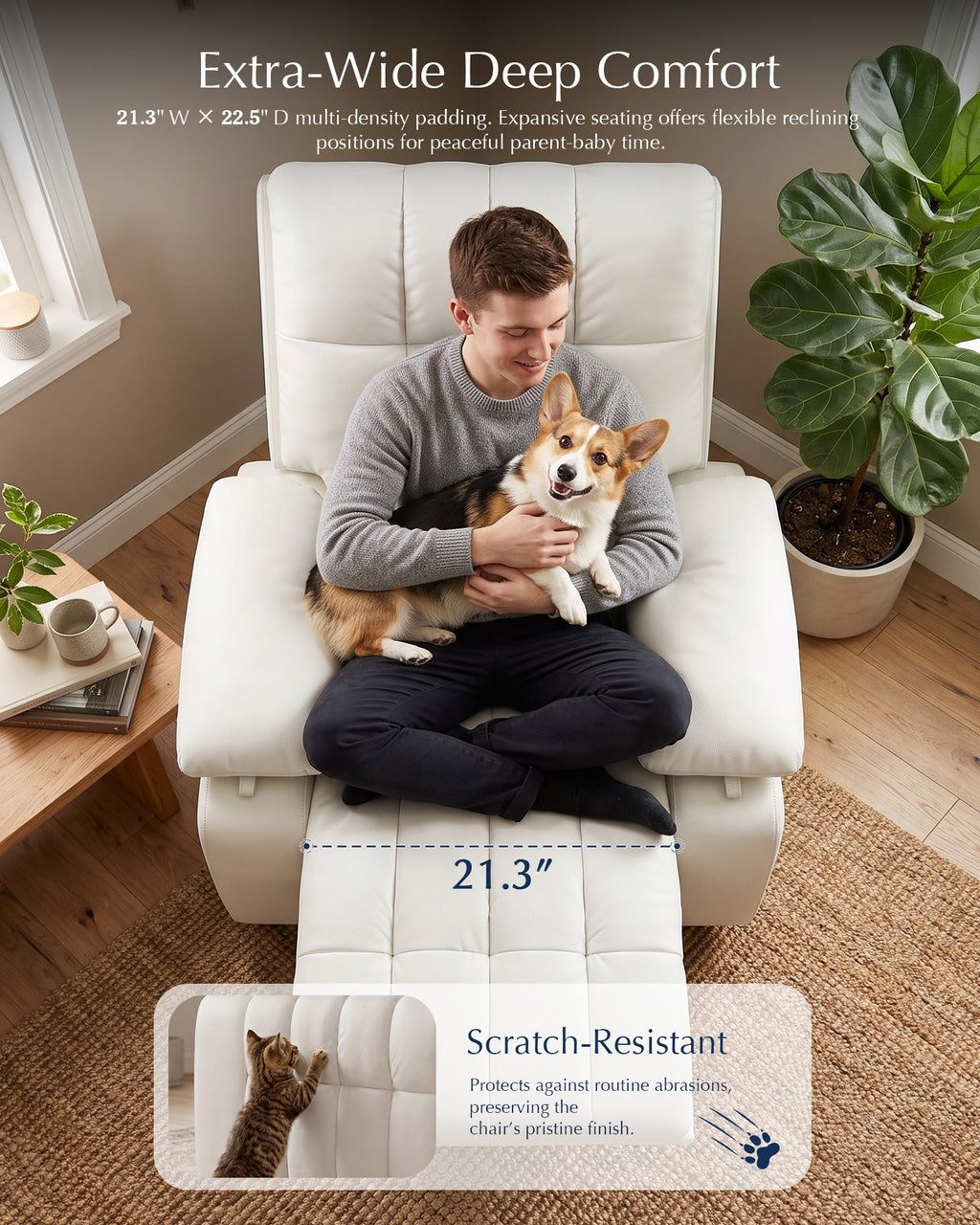 AODAILIHB  Recliner Chair w/Adjustable Armrests for Adults 360° Swivel, 30° Rocker, 135° Recline, Comfy White Leather Nursing Reclining Sofa Chair for Living Room, RV