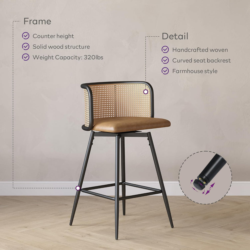 TYBOATLE Swivel Rattan Bar Stools Set of 2, 26” Counter Height Stools with Natural Rattan Woven Back and Faux Leather Seat, Mid-Century Modern Island Chairs Barstools for Kitchen, Brown