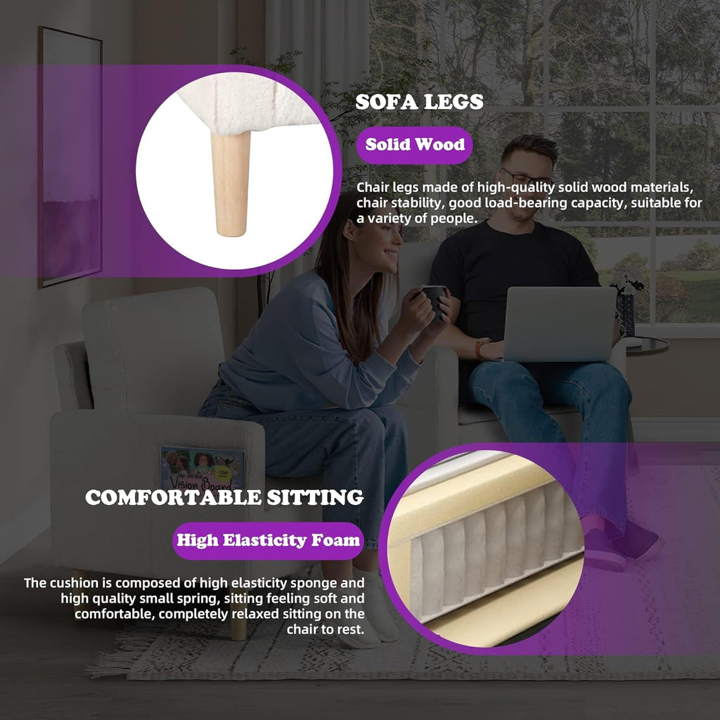 TYBOATLE Accent Chair, Mid-Century Modern Fabric Living Room Arm Chair, Furry Cozy Upholstered Armchair w/Side Pocket, Reading Lounging Side Chairs for Office, Apartment, Bedroom, Cream White