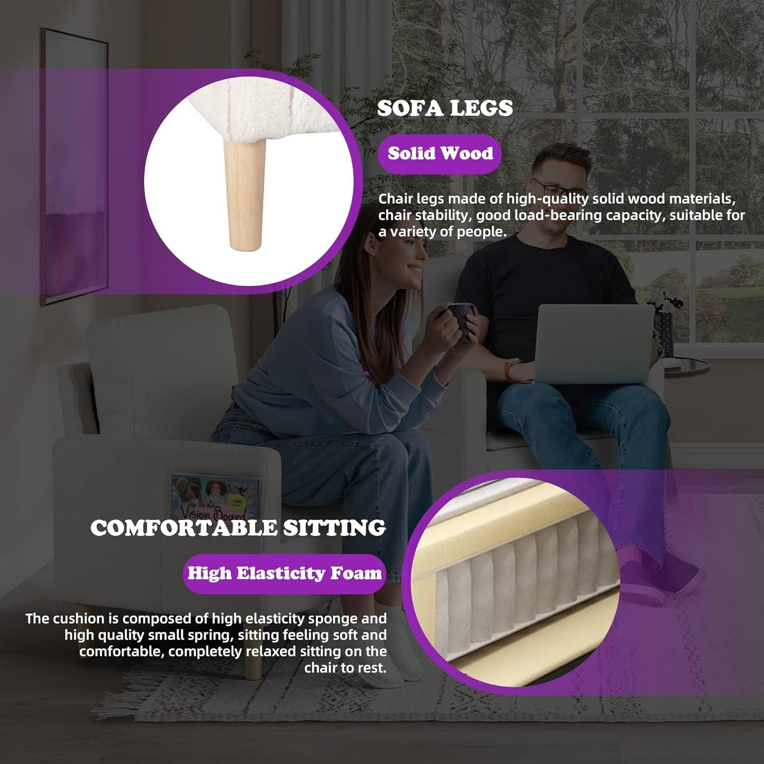 TYBOATLE Accent Chair, Mid-Century Modern Fabric Living Room Arm Chair, Furry Cozy Upholstered Armchair w/Side Pocket, Reading Lounging Side Chairs for Office, Apartment, Bedroom, Cream White