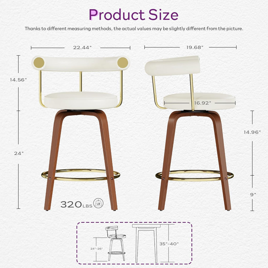 TYBOATLE Swivel Bar Stools Set of 2, Counter Height Bar Stools with Bent Wood Legs and Back, Mid-Century Modern Faux Leather Bar Chairs Island Barstools for Kitchen (2, White)