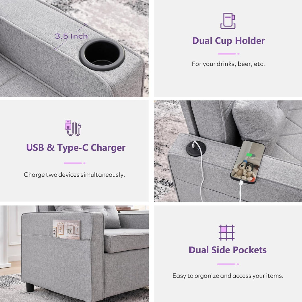 TYBOATLE Sleeper Chair for Adults, Convertible Pull Out Sofa Bed with Charging, Grey | Cup Holders, Side Pockets, Living Room, Bedroom, Small Space