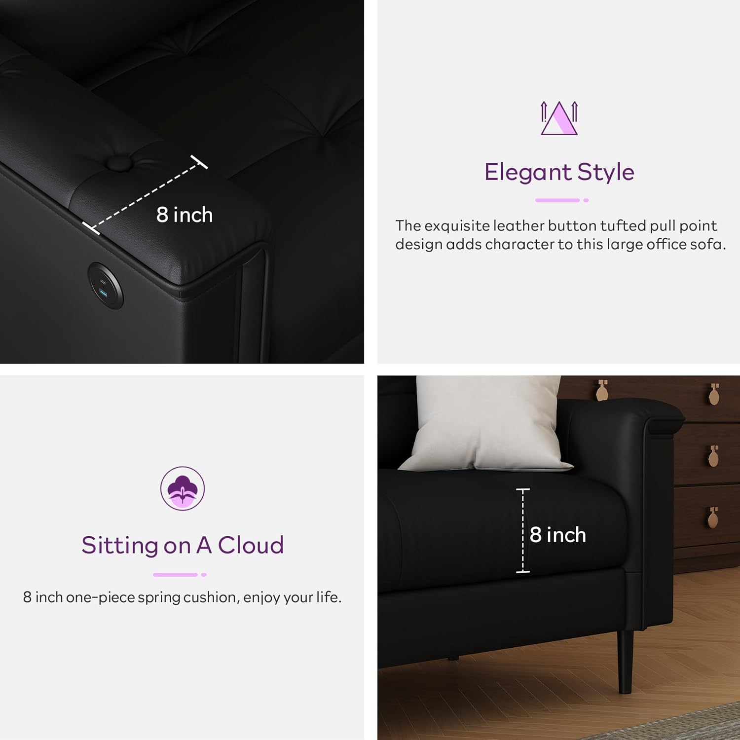 TYBOATLE 85" W Black Faux Leather Sofa Couches for Living Room, Mid-Century Modern Tufted Comfy Small Loveseat w/USB and Wide Arms, 2/3 Seater Office Couch for Small Space Apartment Bedroom Furniture