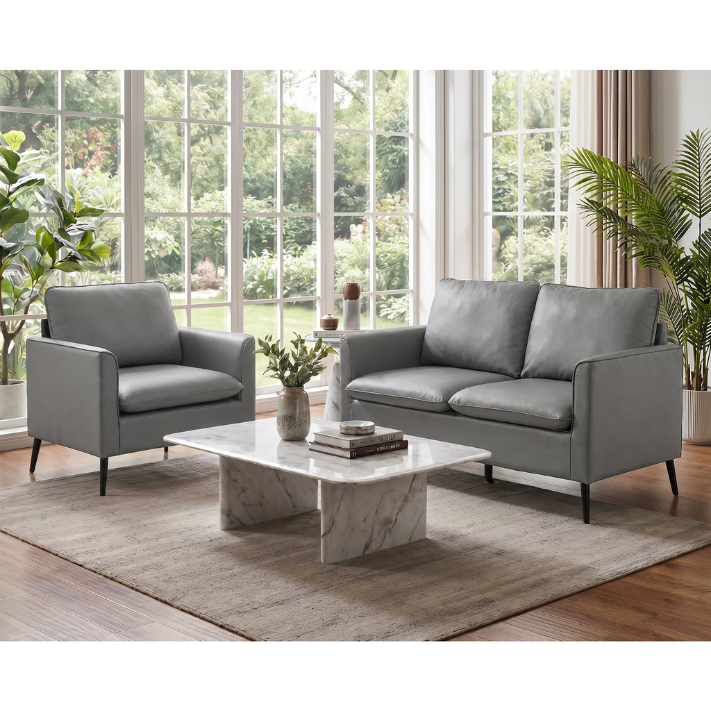 CHYMSUN Faux Leather Love Seat and Accent Chair, 2 Seater Couch, Grey