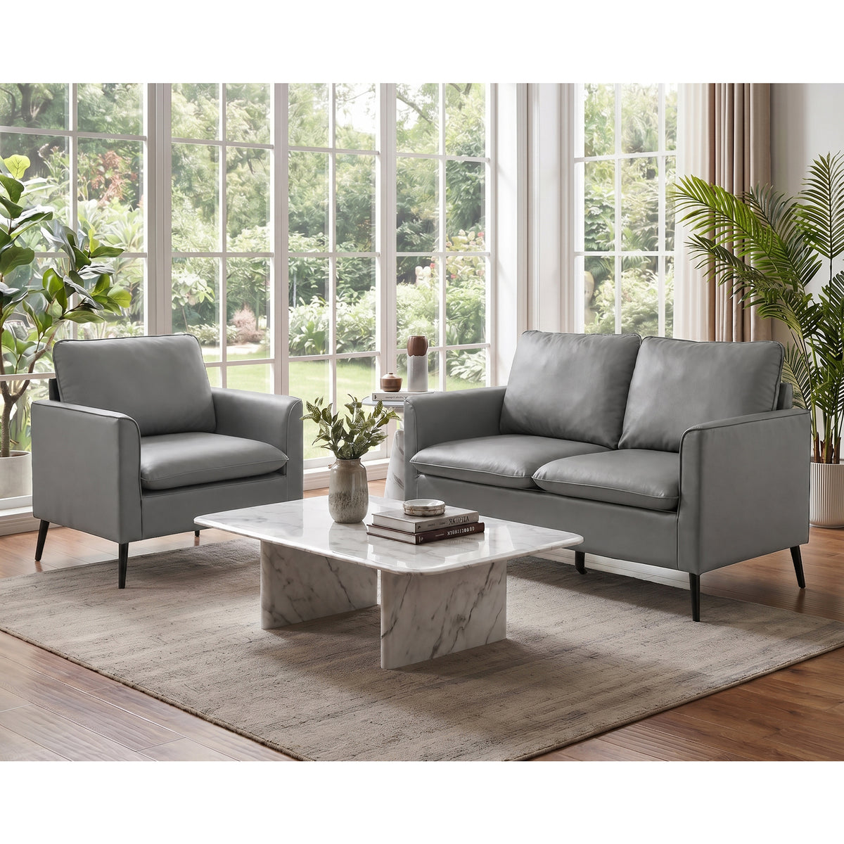 CHYMSUN Faux Leather Love Seat and Accent Chair, 2 Seater Couch, Grey
