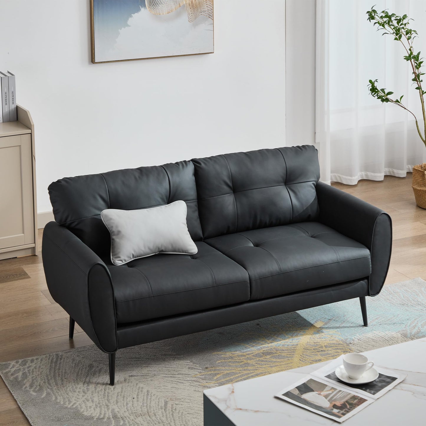 TYBOATLE Sofa Couch 61" Small Loveseat Couches for Living Room White Leather Couch Mid Century Modern Tufted Mini Sofa Comfy Office 2 Seat Settee Love Seat Small Couches for Small Spaces Bedroom (1, Black)