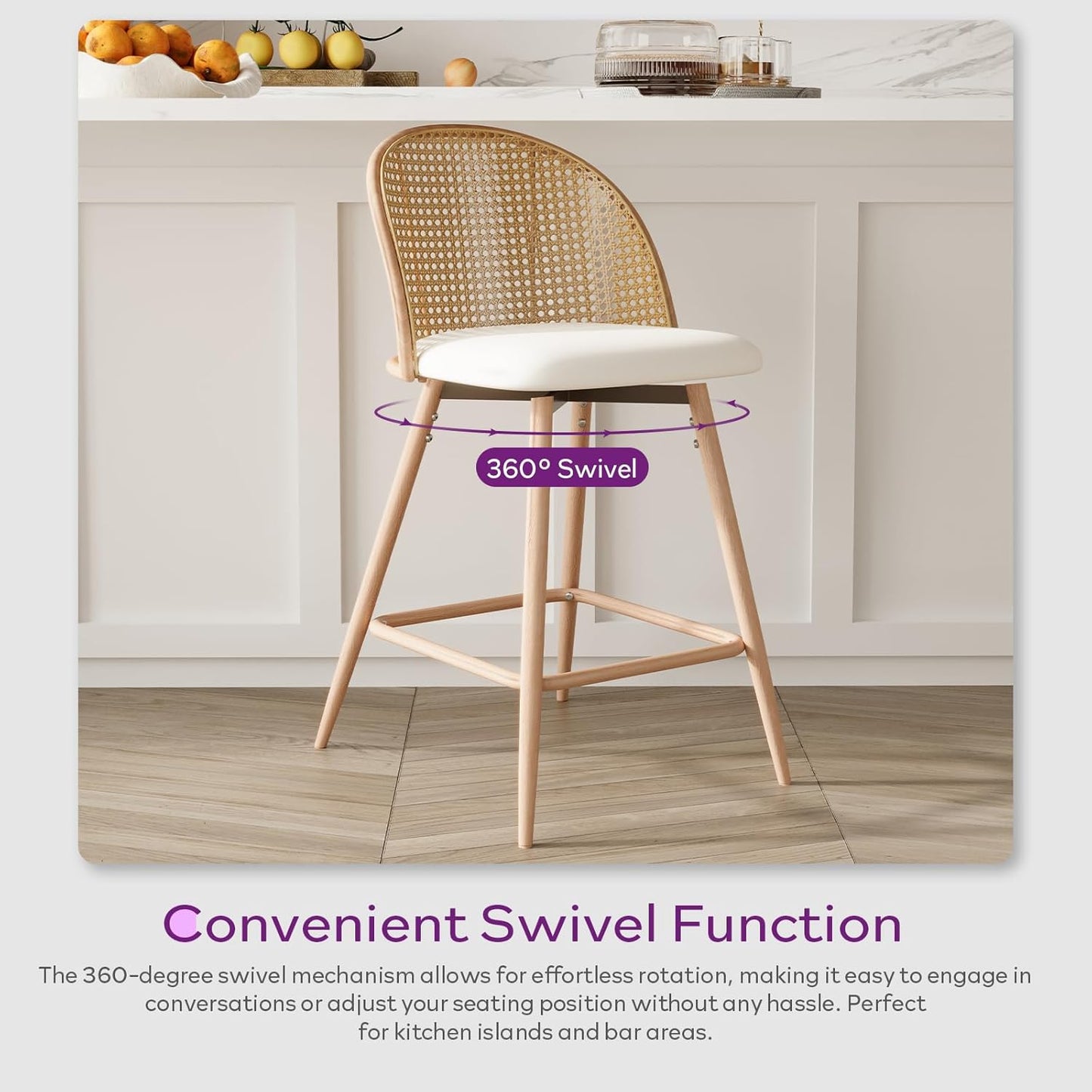 TYBOATLE 26'' BarStools Set of 2 w/Rattan Backrest, Swivel Counter Height Bar stools w/Metal Legs, Modern Mid-Century Boho Bar stools with Faux Leather for Kitchen Island, Dining Room, White