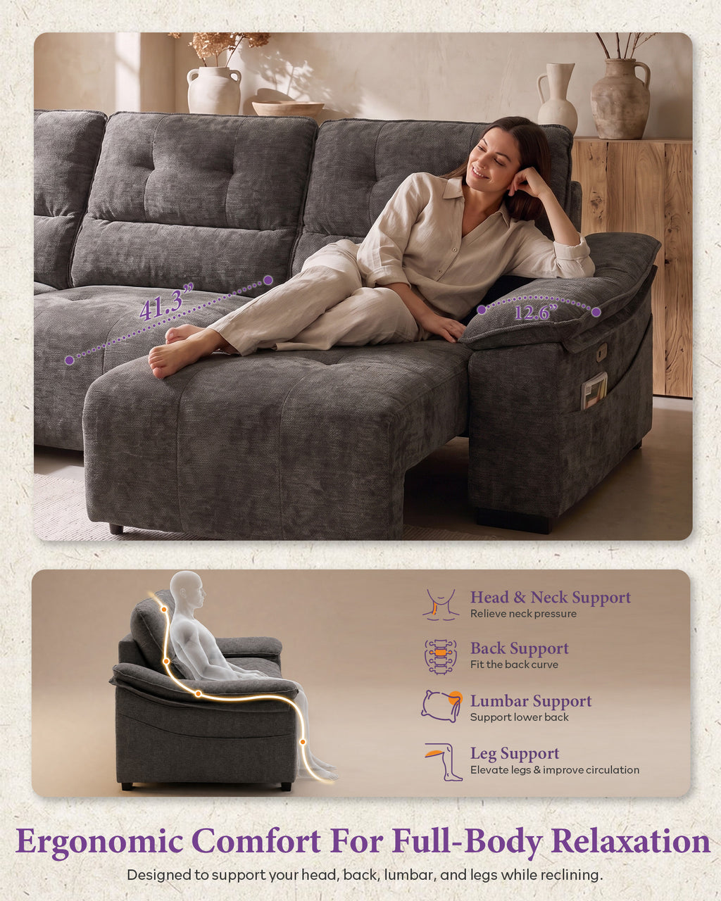 110” Electric Extendable Couch, Home Theater Seating, Reclining Sofa Bed