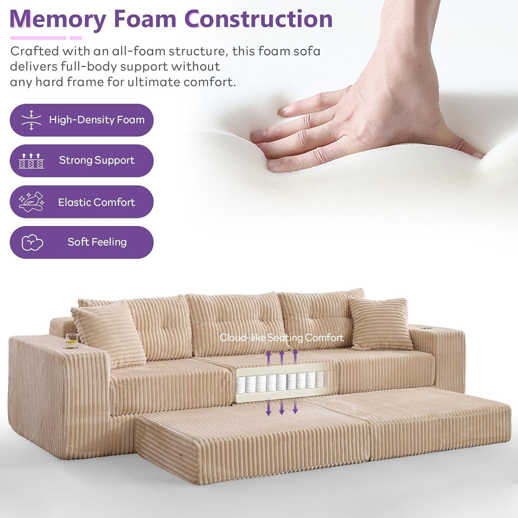 TYBOATLE Modular Sectional Sofa Couch, Corduroy Cloud Boneless Foam Couch with Deep Seats & Cup Holder, Modern Comfy Sleeper Sofa with L-Shape Chaise, No Assembly (Cream Beige)