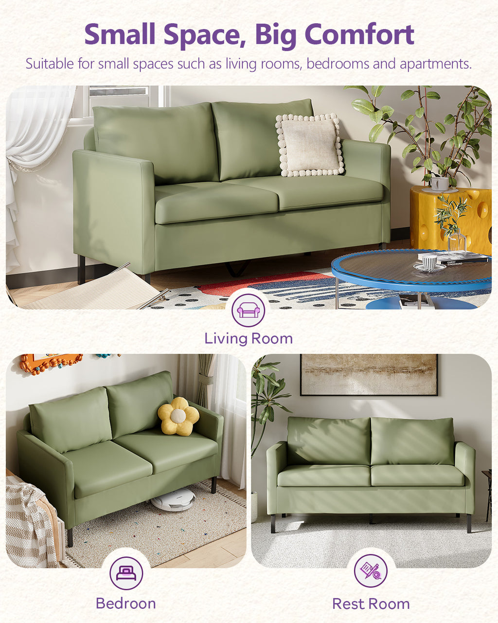 TYBOATLE Modern Faux Leather Small Couches for Small Spaces, Comfy Upholstered Green Love Seat for Bedroom, 2 Seater Mini Couch for Dorm, Apartment, Office, Green