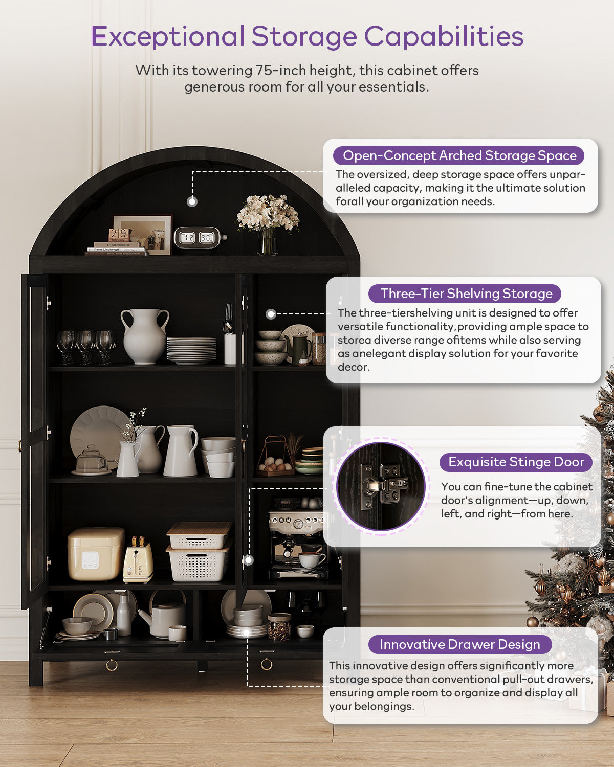 TYBOATLE 75'' Arched Cabinet Classic Farmhouse Design w/Three Glass Doors, Arch Cabinet w/Rattan Drawers and Anti-Tipping Device, Versatile Cupboard for Kitchen, Bathroom, Black