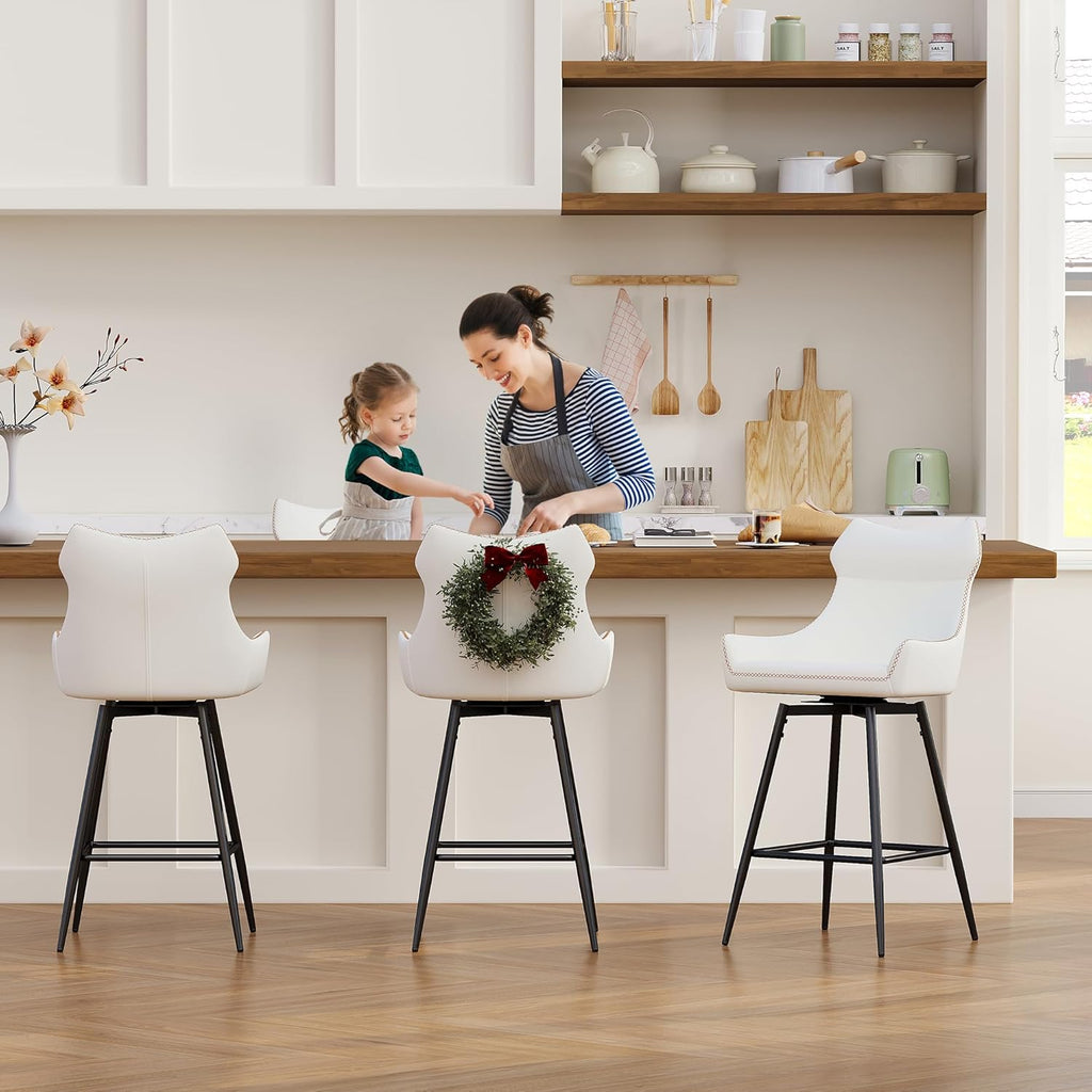 TYBOATLE 26” Leather Swivel Bar Stools Set of 4, Counter Height Bar Stools with Metal Legs, Height-Adjustable Upholstered Faux Leather Barstools for Kitchen Counter, White
