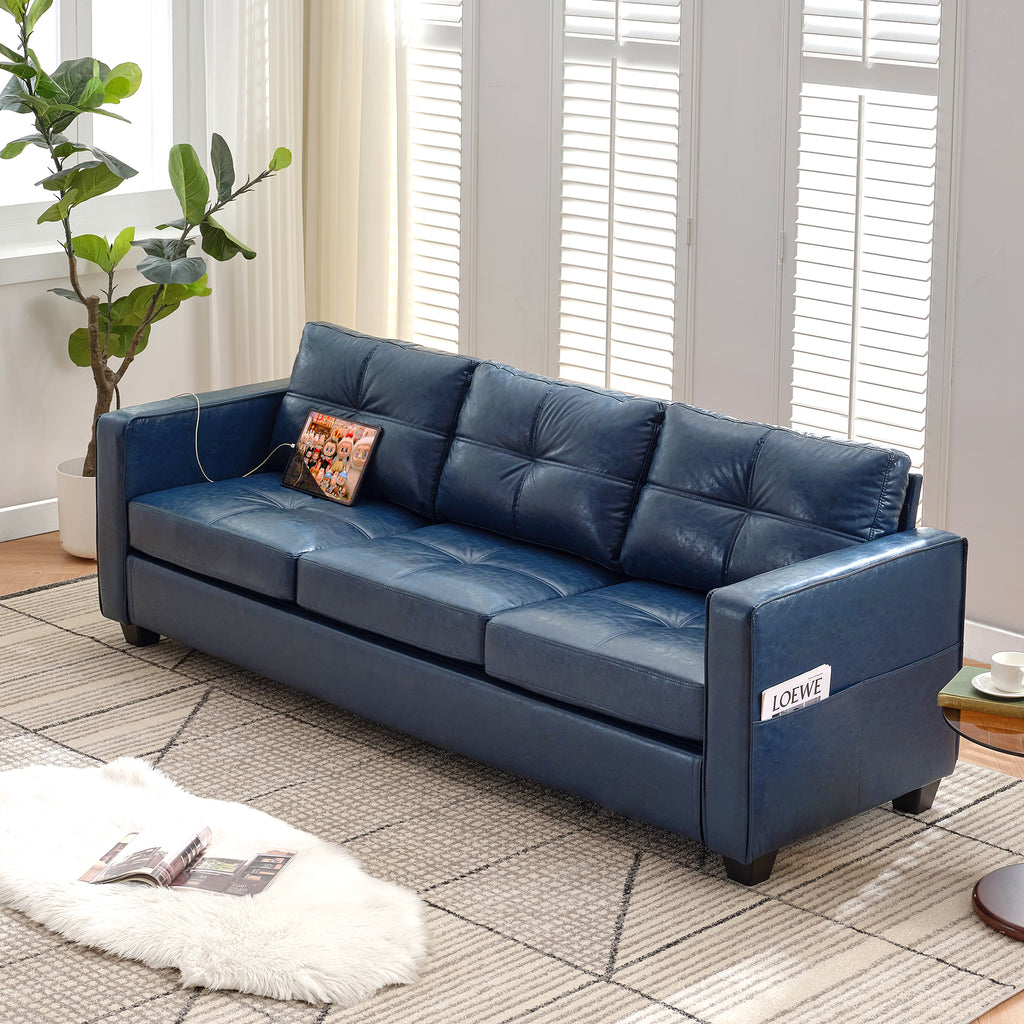 TYBOATLE 88" W Faux Leather Couch w/Side Pockets, Mid-Century Modern Tufted Comfy Leather Couches w/USB and Wider Arms, 3 Seater Sofa for Office, Apartment, Bedroom, Blue (Blue, 3 Seater)