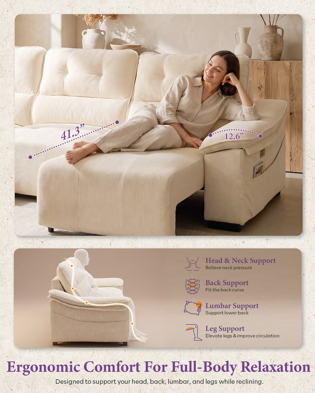 110” Electric Extendable Couch, Home Theater Seating, Reclining Sofa Bed