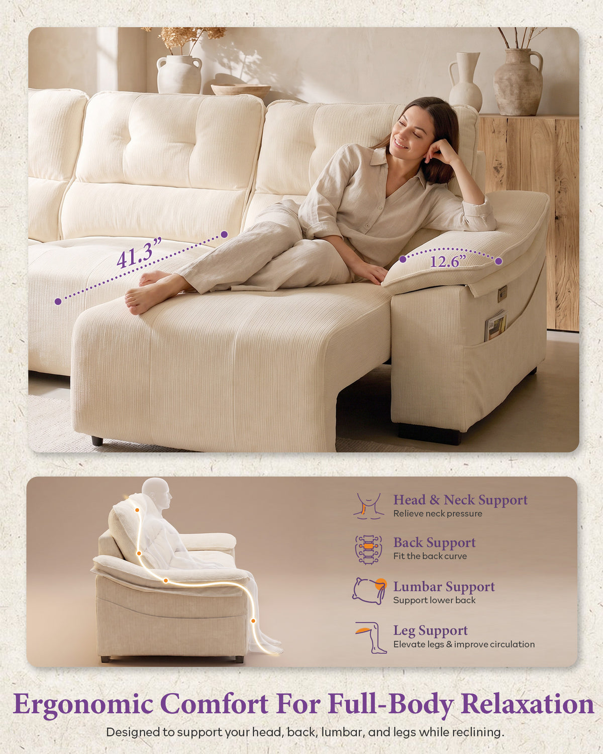 110” Electric Extendable Couch, Home Theater Seating, Reclining Sofa Bed