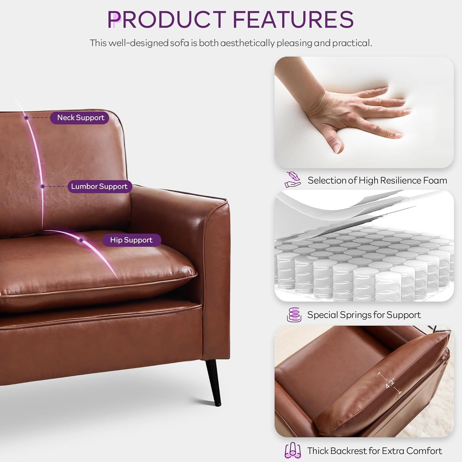 TYBOATLE Accent Chair, Brown Faux Leather Chair, Comfy Living Room Chairs, Office Reading Chair, Mid Century Modern Side Chairs, Arm Chairs for Bedroom, Office, Apartment