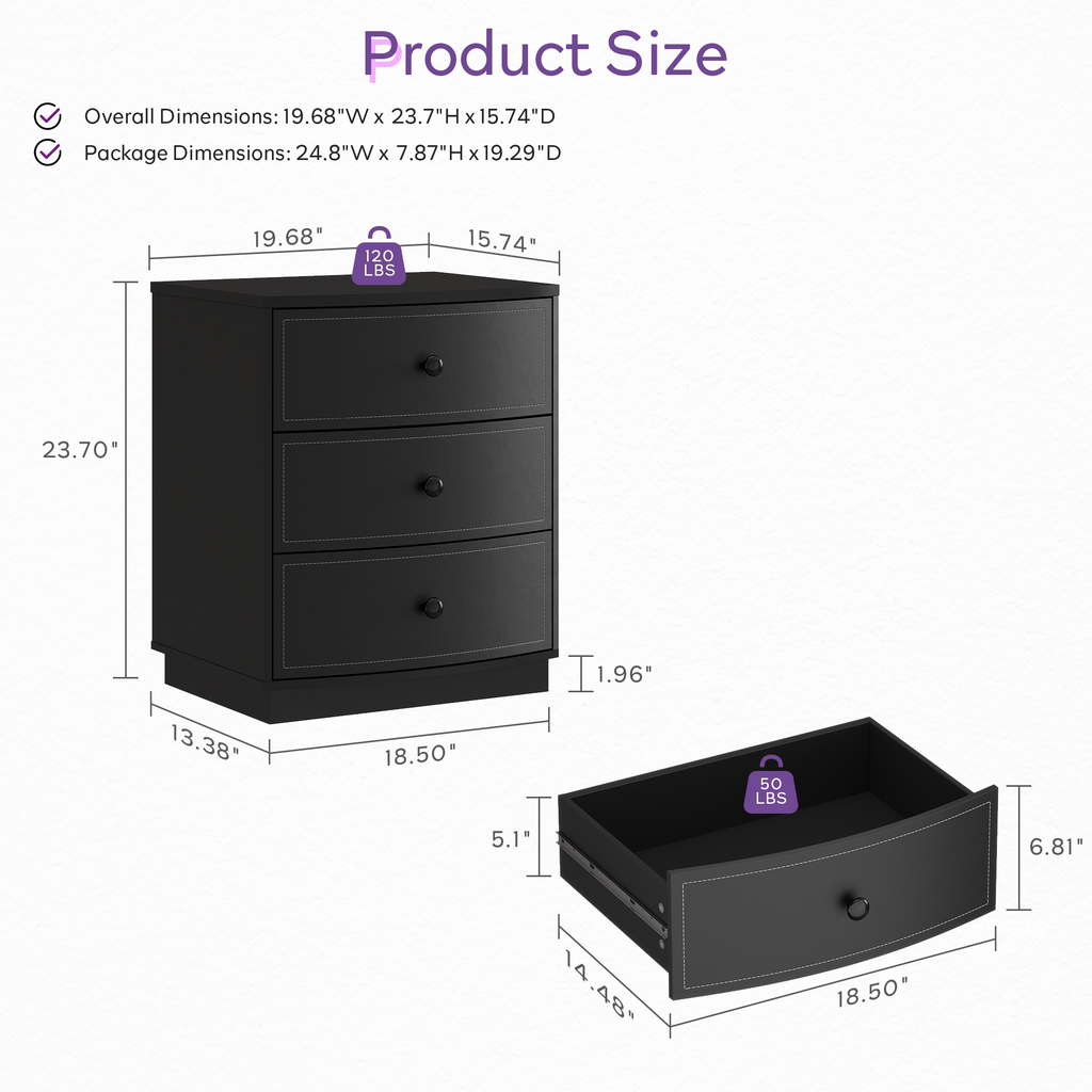 TYBOATLE Black Nightstand, Modern Curved 3 Drawers Bedside Table with Sturdy Base, Wooden Night Stand with Leather Storage Drawer for Bedroom (2)