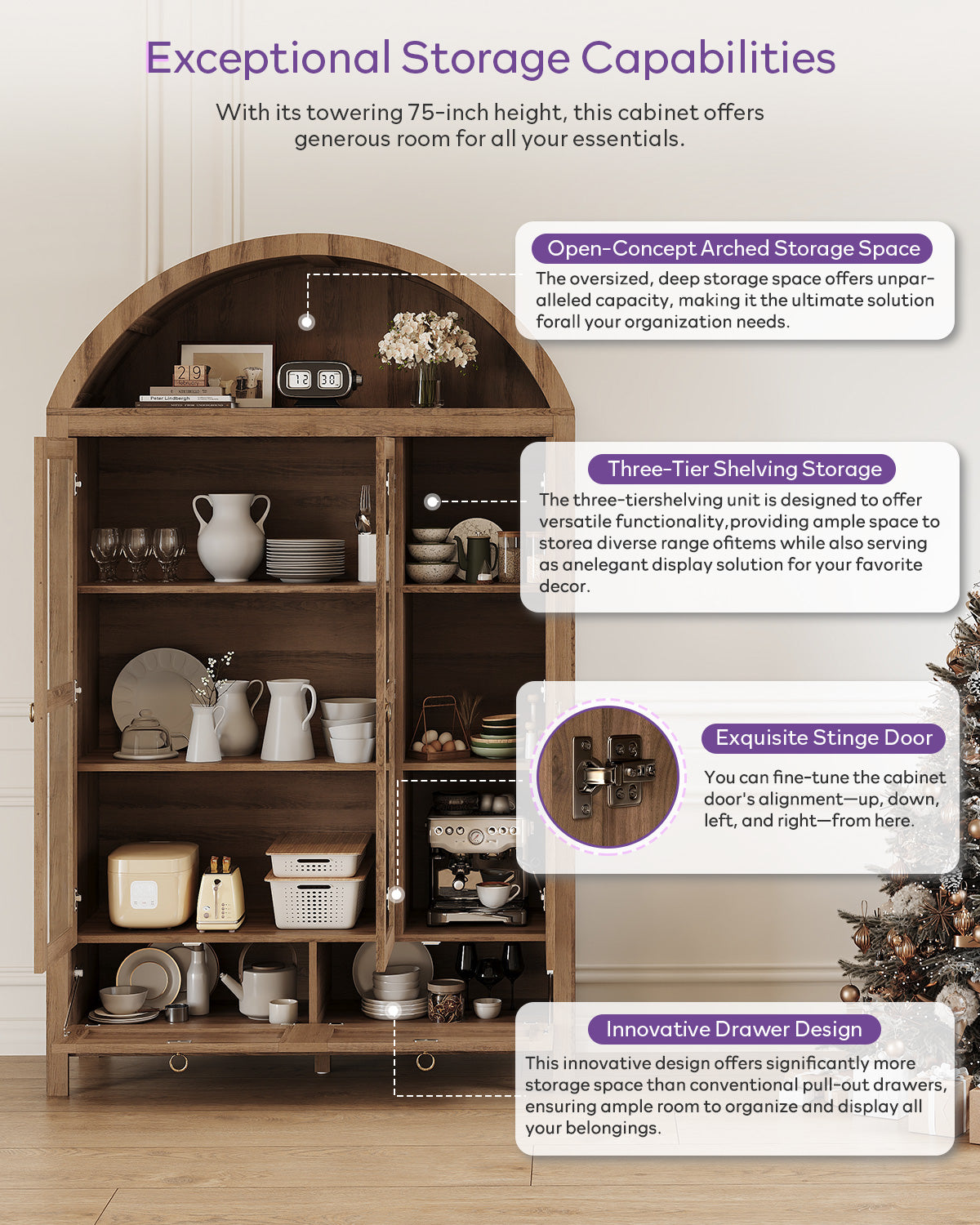 TYBOATLE 75'' Arched Cabinet Classic Farmhouse Design w/Three Glass Doors, Arch Cabinet w/Rattan Drawers and Anti-Tipping Device, Versatile Cupboard for Kitchen, Bathroom, Natural