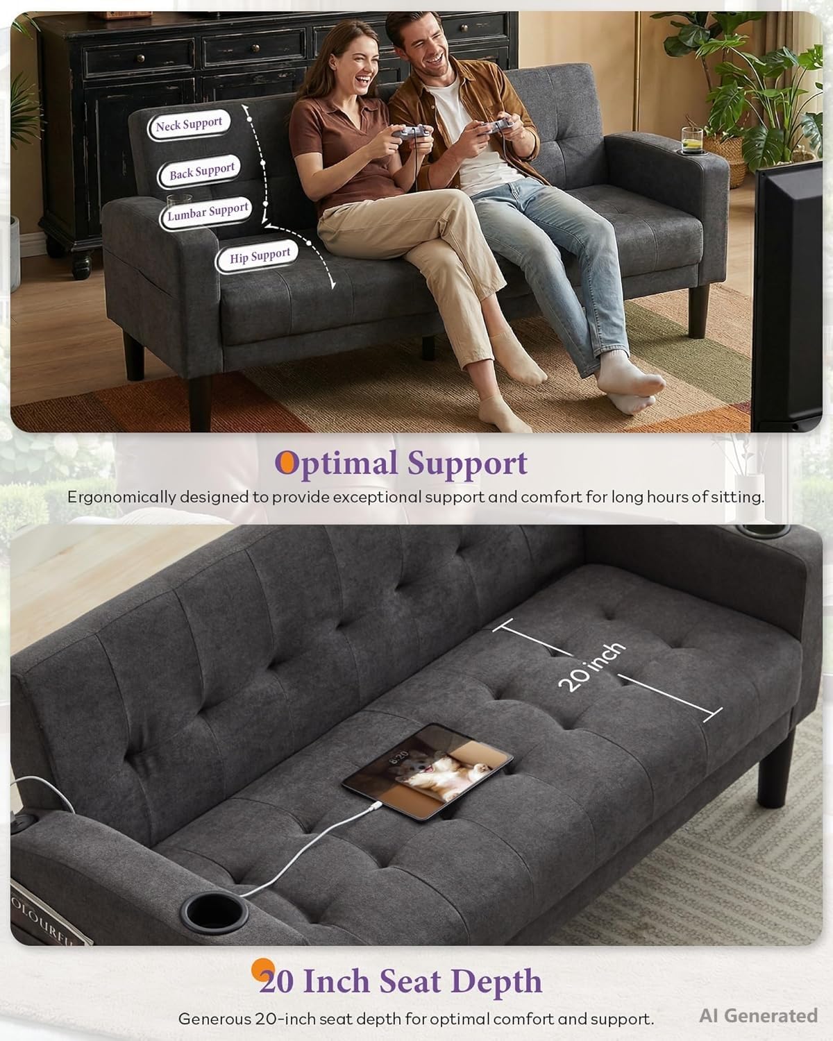 TYBOATLE Grey Couch and Chairs, 3 Piece Living Room Furniture Set with USB & Type-C