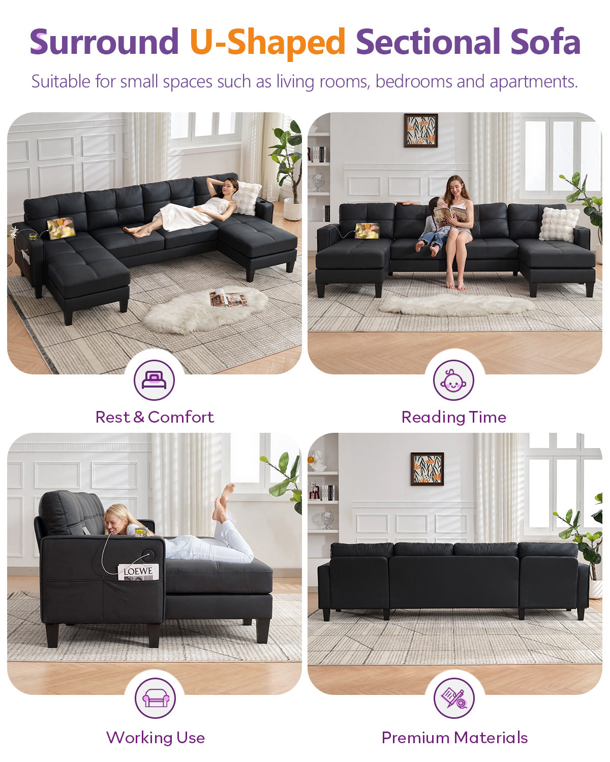 TYBOATLE 116’’ W Black Faux Leather Sectional Couch w/USB and Cup Holders for Living Room, Comfy Tufted U Shaped Modular Convertible Sofa w/Chaise Lounge, Office Leather Sofa for Bedroom