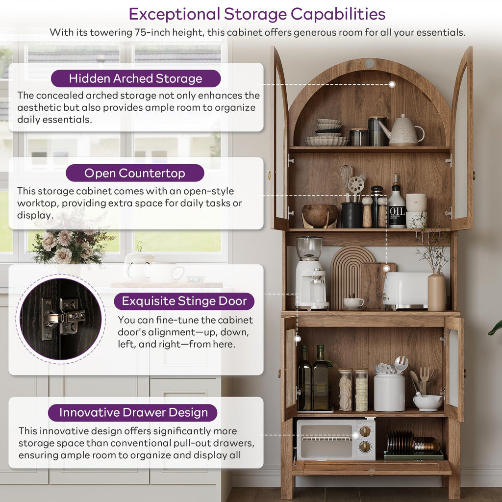 75'' Tall Arched Pantry Cabinet, China Cabinet for Kitchen and Dining Room | TYBOATLE, Accessible Storage Area, Innovative Drawer, Anti-Tipping Device, Versatile Cupboard, Kitchen Pantry, Dining Room