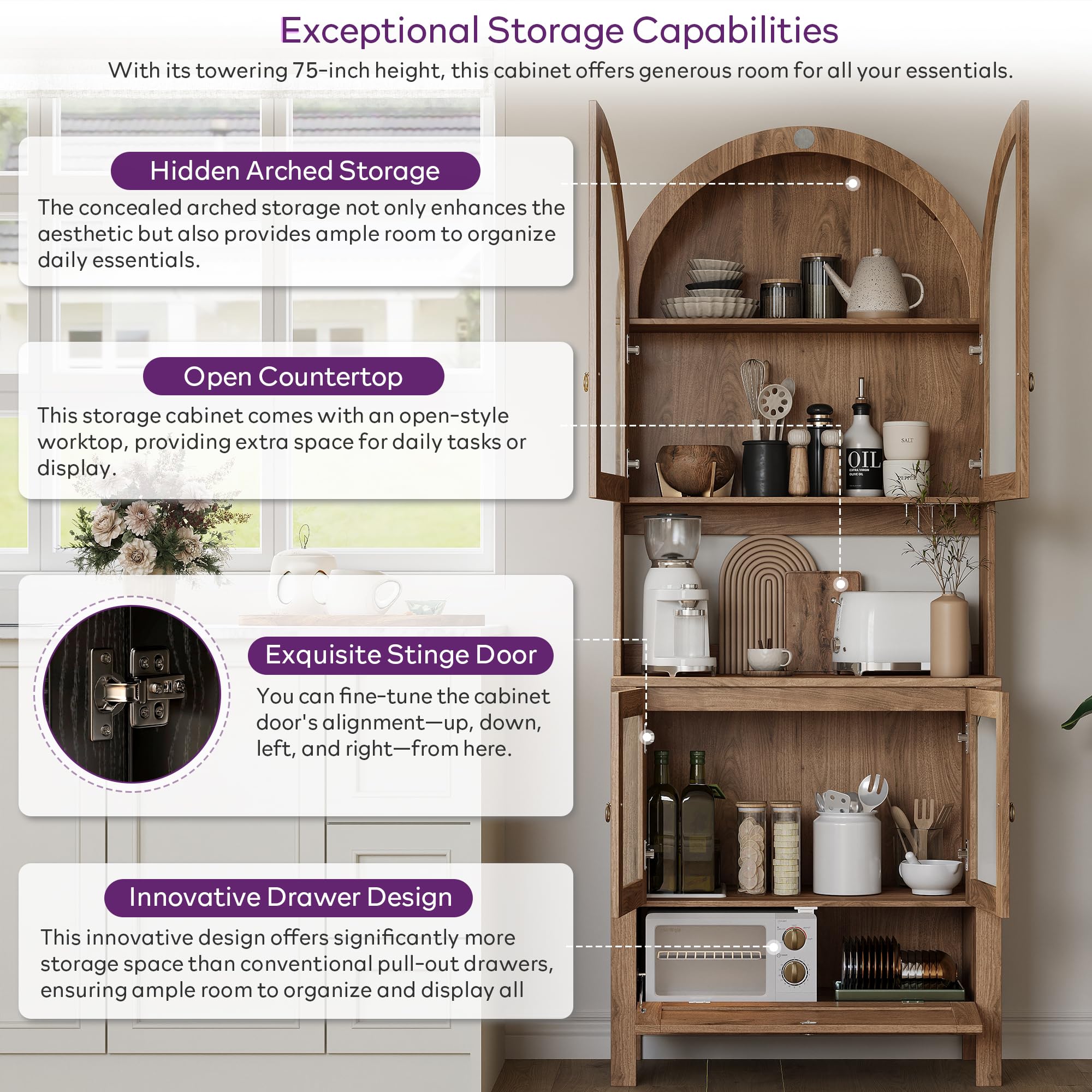 75'' Tall Arched Pantry Cabinet, China Cabinet for Kitchen and Dining Room | TYBOATLE, Accessible Storage Area, Innovative Drawer, Anti-Tipping Device, Versatile Cupboard, Kitchen Pantry, Dining Room