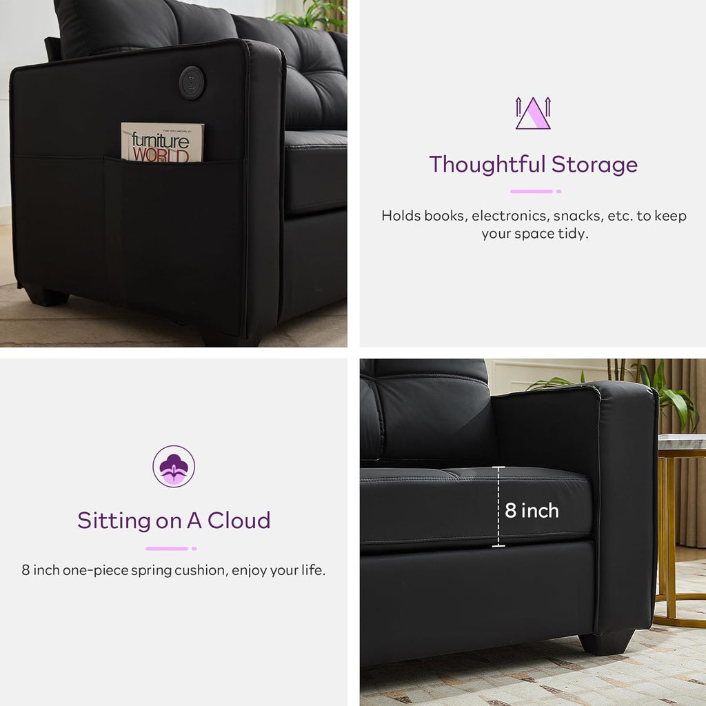 TYBOATLE Black Sofa Couch Sectional Couches for Living Room, Comfy Faux Leather Modular Convertible L Shaped Sofas with USB & Ottoman, Home Sofa Set with Chaise for RV Apartment Office (2)