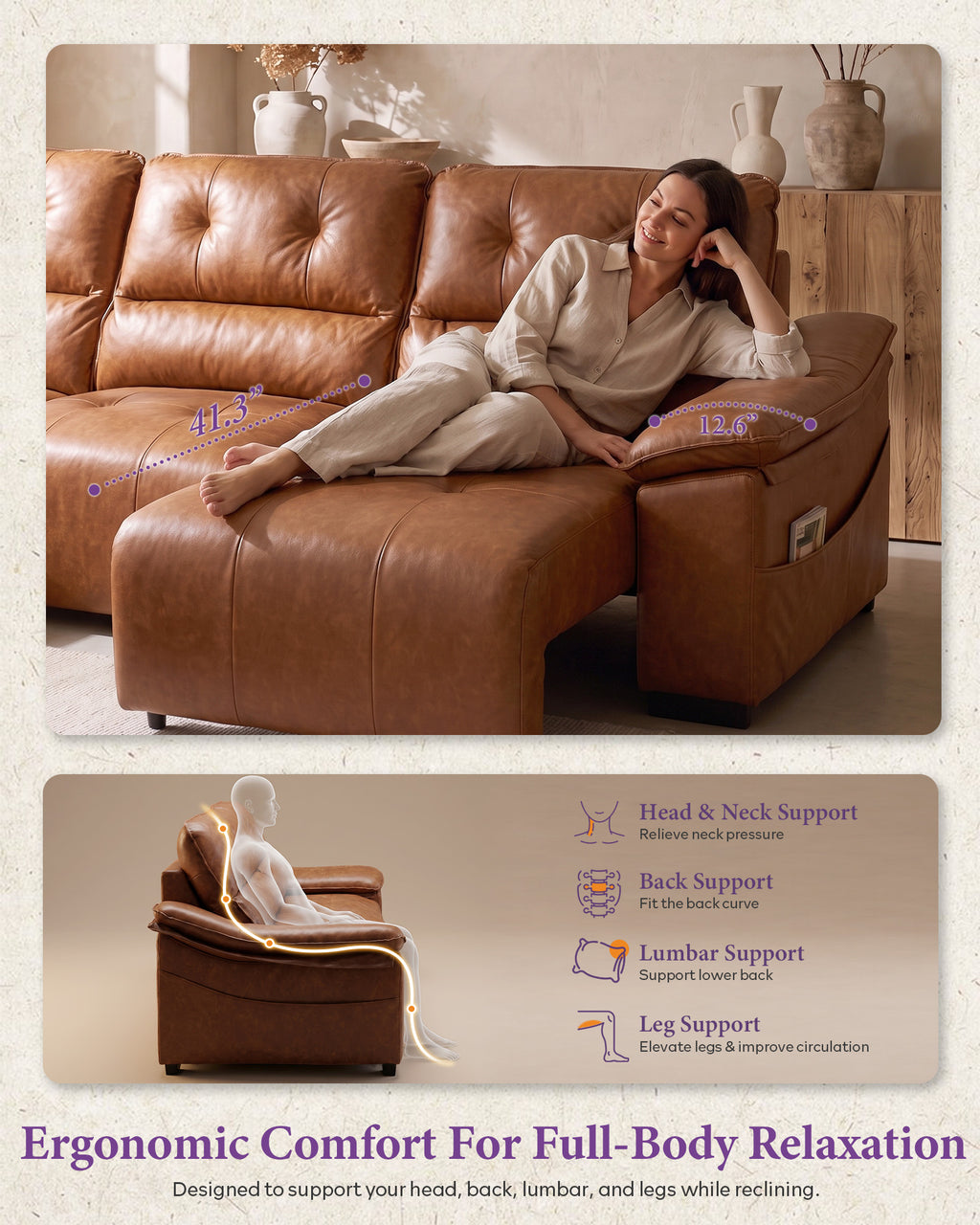 Electric Reclining Sectional Couch, Power Recliner Sofa w/USB & Type-C Charging Ports and Cup Holders, Leather Reclining Sofa for Living Room, Home Theater