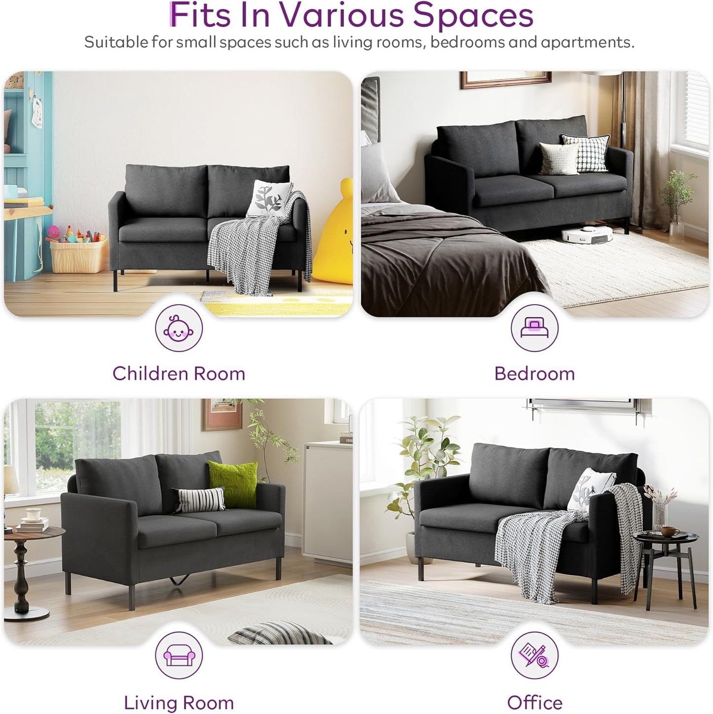 TYBOATLE Modern Linen Fabric Small Couches for Small Spaces, Comfy Upholstered Love Seat for Bedroom, 2 Seater Mini Couch for Apartment, Dorm, Office, Dark Grey