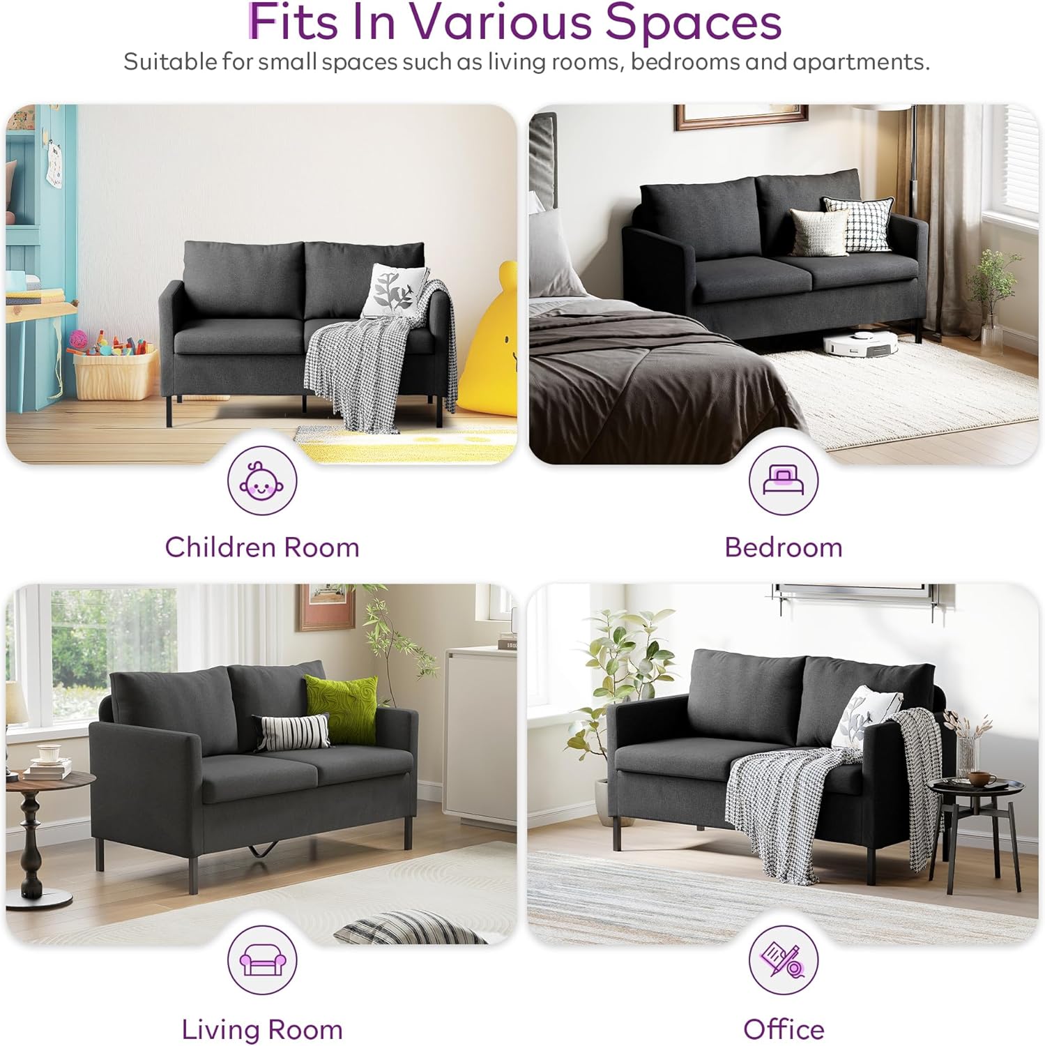 TYBOATLE Modern Linen Fabric Small Couches for Small Spaces, Comfy Upholstered Love Seat for Bedroom, 2 Seater Mini Couch for Apartment, Dorm, Office, Dark Grey
