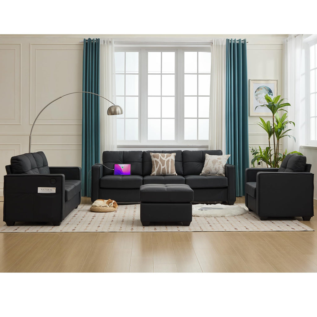 TYBOATLE Black Sofa Couch Sectional Couches for Living Room, Comfy Comfy Faux Leather Modular Convertible Sofas with Ottoman & USB, Home Sofa Set with Chaise for Apartment Small Space (4)