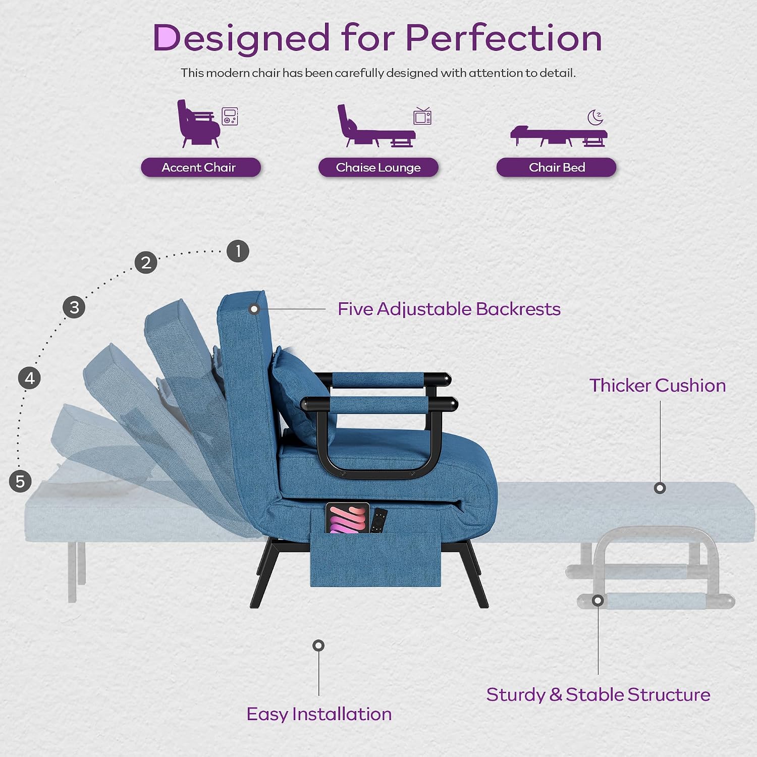 TYBOATLE Sleep Chair Bed, Folding Sleeper Chairs for Adults (Azure Blue) Comfy, Cozy, Convertible, 5 in 1, Adjustable Backrest, Side Pockets, Pillow, Small Spaces, Office, Dorm