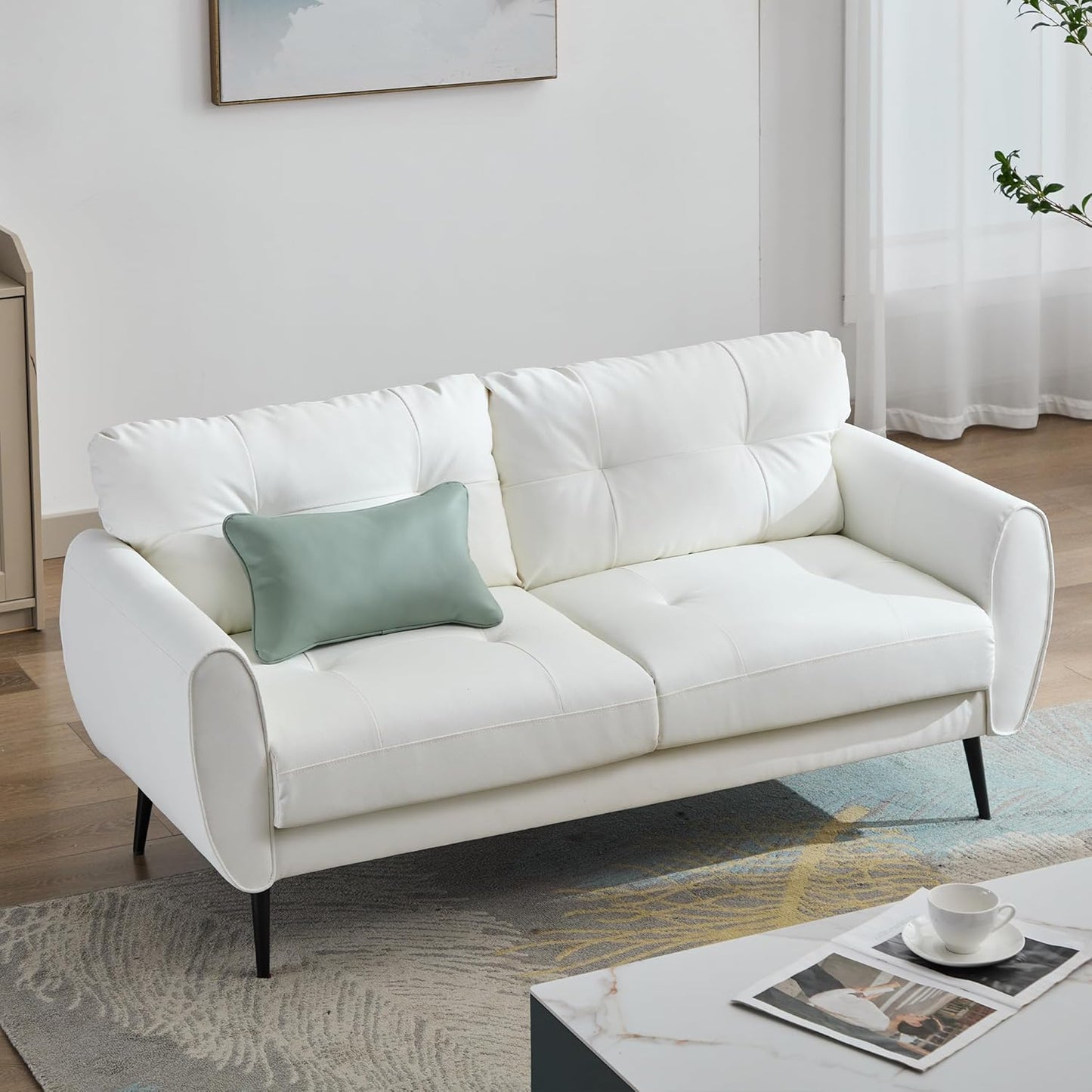 Sofa Couch 61" Small Loveseat Couches for Living Room White Leather Couch Mid Century Modern Tufted Mini Sofa Comfy Office 2 Seat Settee Love Seat Small Couches for Small Spaces Bedroom (1, White)