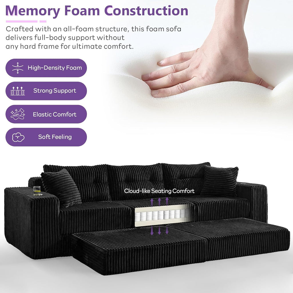 TYBOATLE Modular Sectional Couch, Corduroy Cloud Boneless Foam Sofa Couch with Deep Seats & Cup Holder, Modern Comfy Sleeper Sofa with L-Shape Chaise, No Assembly (Black, 3 Seat)