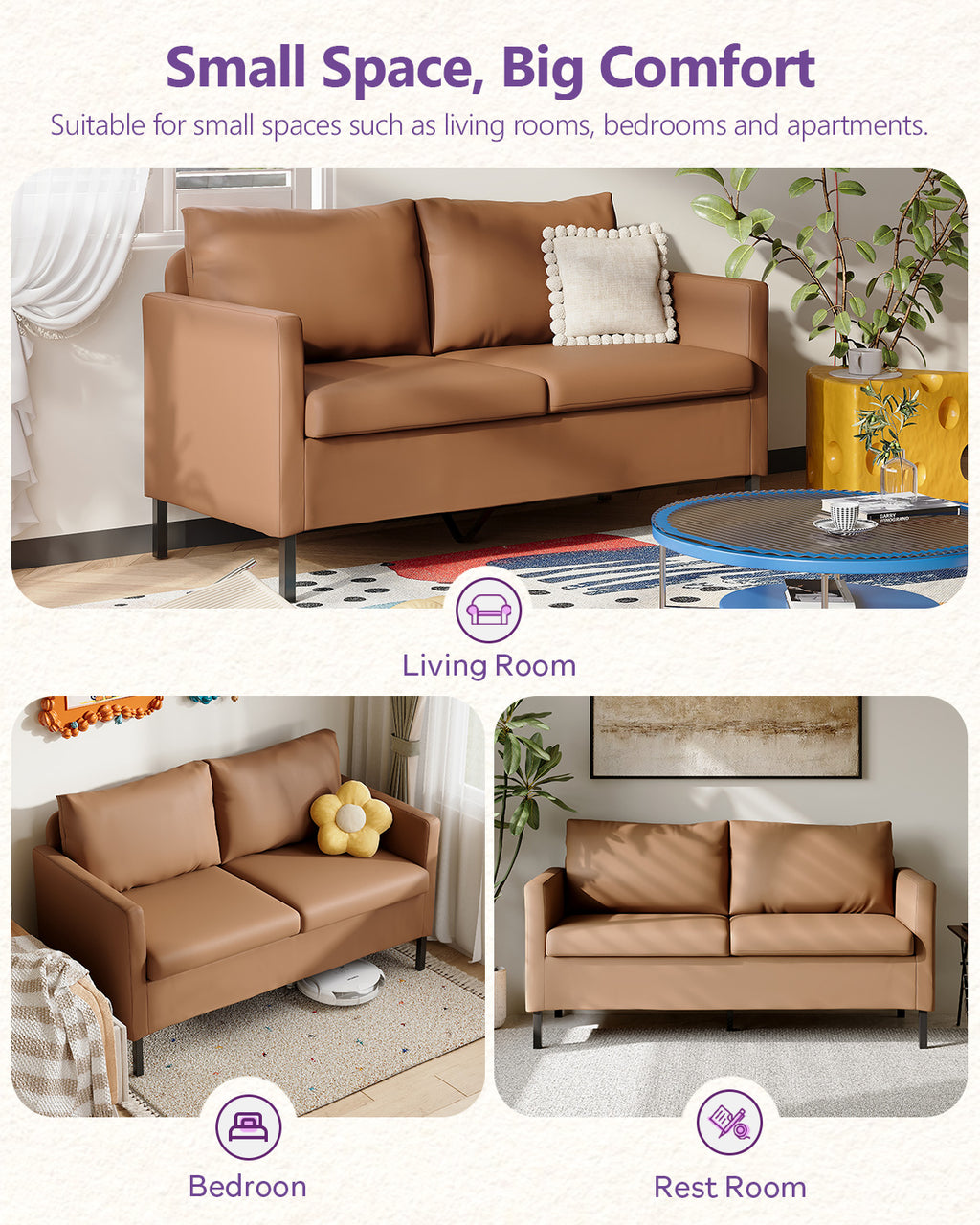 TYBOATLE Modern Faux Leather Small Couches for Small Spaces, Comfy Upholstered Brown Love Seat for Bedroom, 2 Seater Mini Couch for Dorm, Apartment, Office, Brown